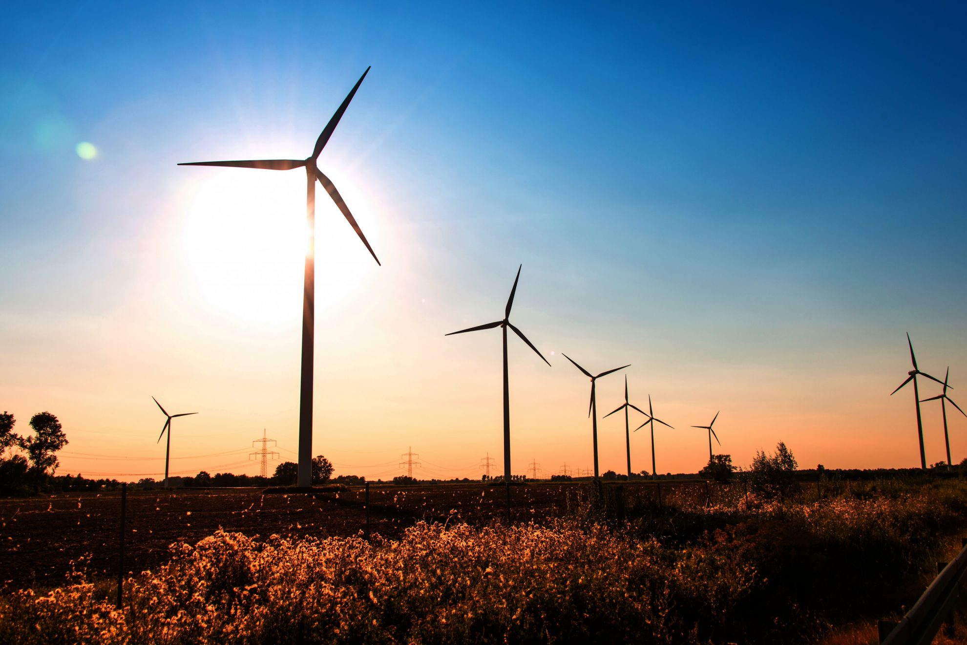 Windkraftanlagen auf einem Feld im Sonnenaufgang