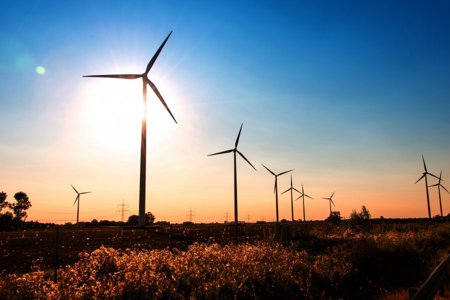 Windkraftanlagen auf einem Feld im Sonnenaufgang