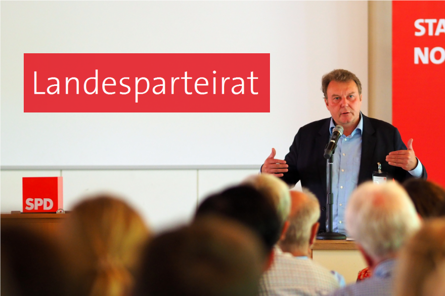Olaf Schulze, Vorsitzender des Landesparteirats spricht vor Publikum